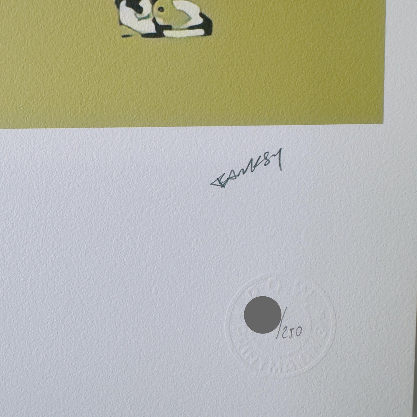 Genummerde editie BANKSY Barking dog (kaki geel) Gesigneerd - certificaat - Wall Art, Grafitti Art, Lithograph, Stencil Art